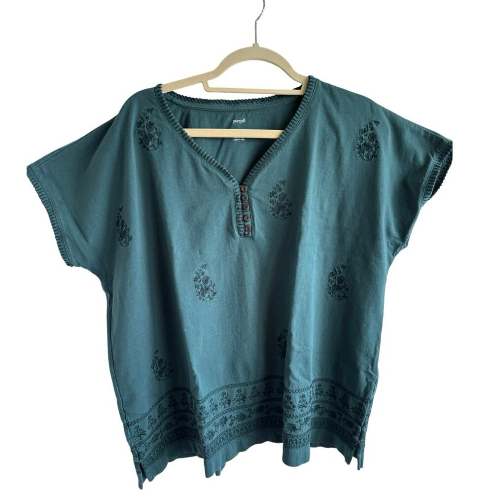 J Jill Teal Embroidered Top Pure Jill Large Boho Boxy Comfy Casual